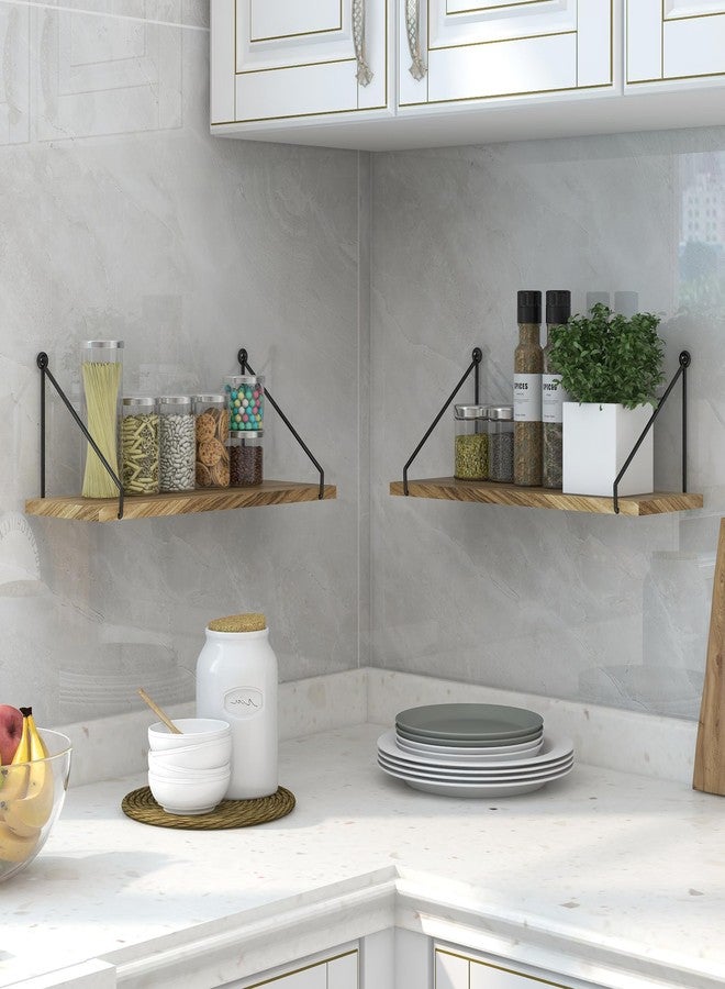 Sapowerntus Floating Shelves Wall Mounted Shelf Rustic Light Wood Bathroom Bedroom Kitchen Hanging Storage Organizer with Triangle Metal Brackets Farmhouse Living Room Office Home Decor Set of 2 - Image 3